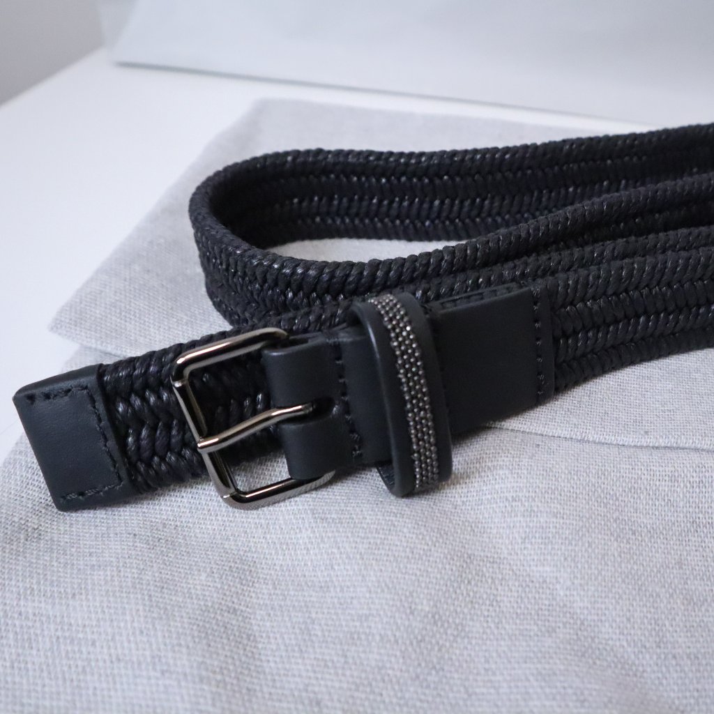 Brunello Cucinelli Belt Black Raffia Monili Leather Trim Stretch Size Xl
